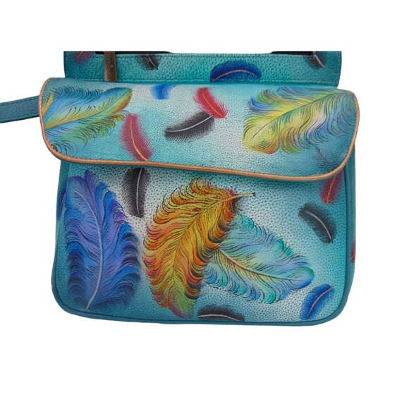 Anuschka Leather Crossbody Purse Wallet Teal Blue Feather Peacock Hand Painted - Picture 16 of 16